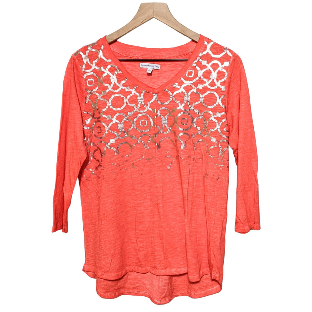 Sunsets & Sweet Tea S Red Silver Foil V Neck Tee T-Shirt Top Women's Pullover